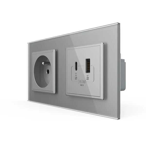 Livolo | Grijs | SR+SR | Wandcontactdoos | USB + USB type C oplader | France Livolo Nederland B.V.