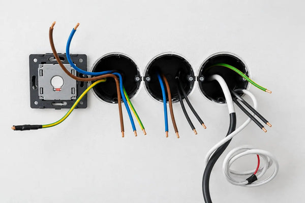 Bruine, blauwe, zwarte en geel-groene stroomdraden bij een elektrische installatie