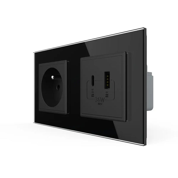 Livolo | Zwart | SR+SR | Wandcontactdoos | USB + USB type C oplader | France Livolo Nederland