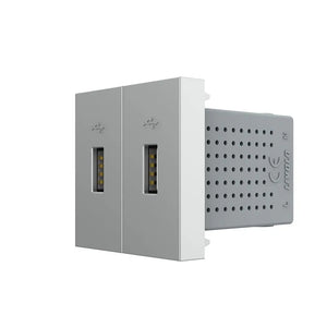 Grijze USB wandlader met twee aansluitingen voor telefoon, tablet en andere USB-apparaten
